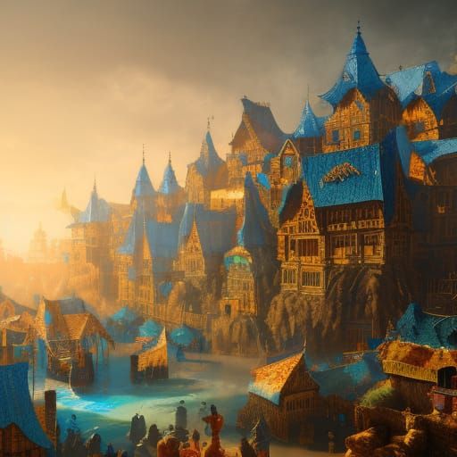 Detailed Village Festival under a Blue Sky