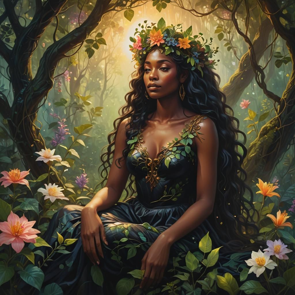 Black Woman Goddess in Surreal Forest