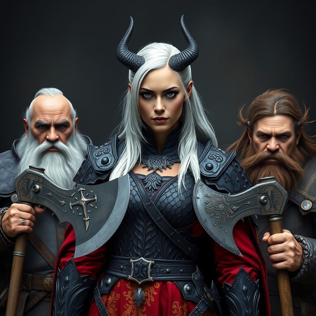 Regal Warrior with Dwarven Bodyguards in Dark Fantasy Armor