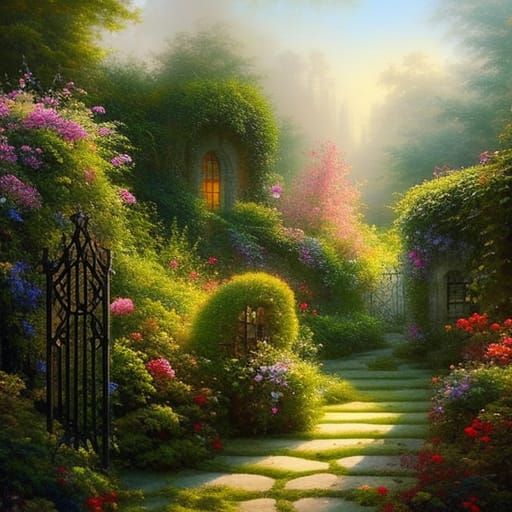 Enchanted Secret Garden Behind Overgrown Iron Gate