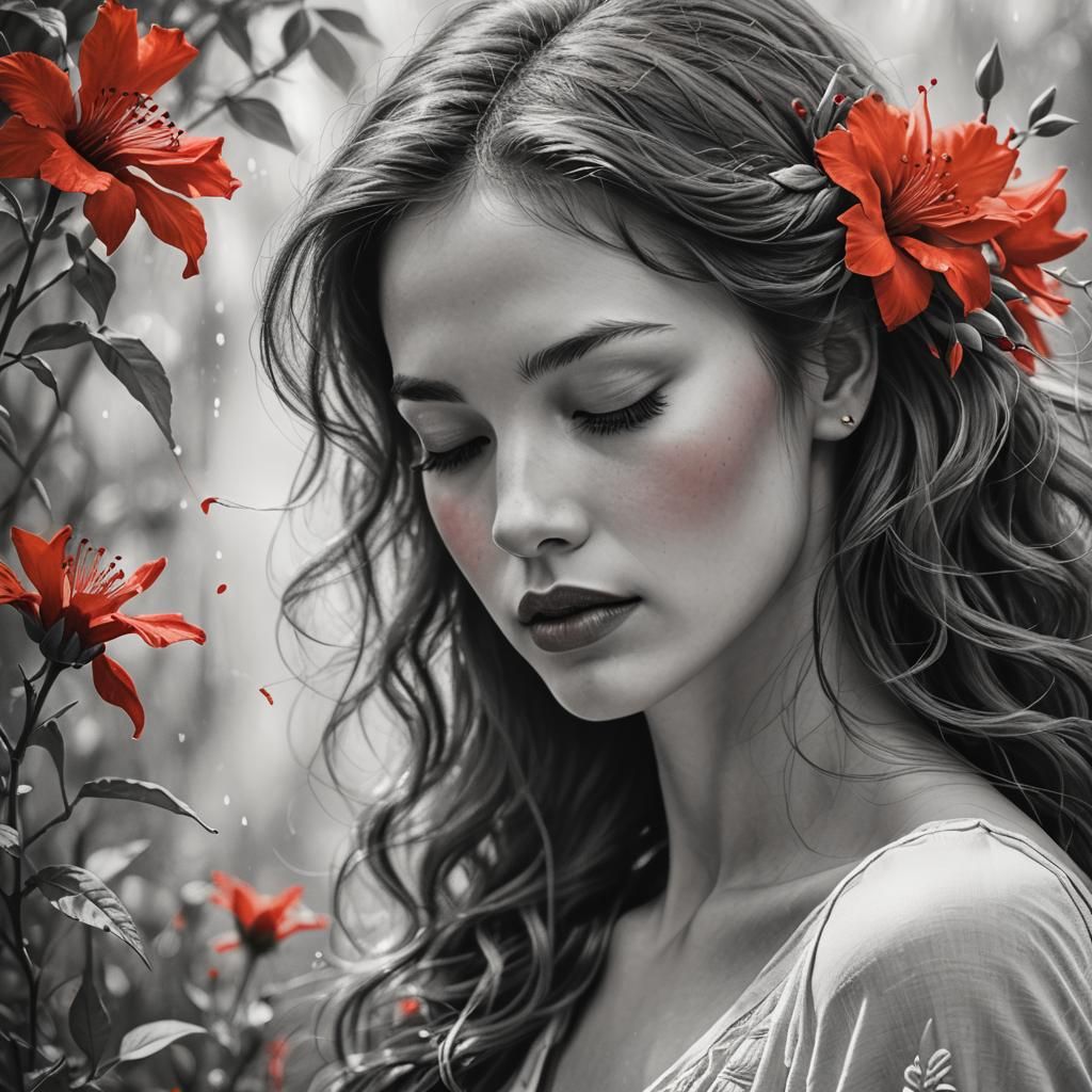 Monochrome Sketch of Woman Kissing Red Flower
