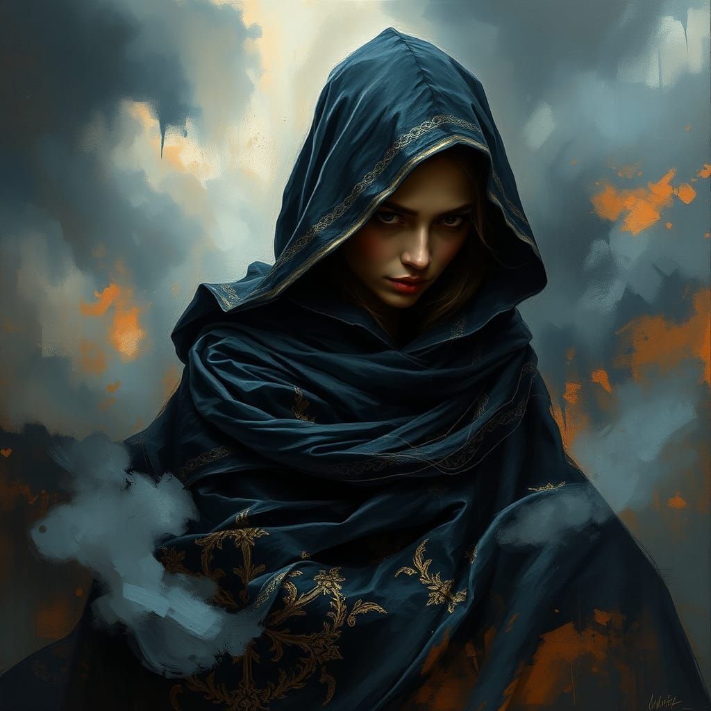 Enigmatic Woman in Dark Velvet Cloak