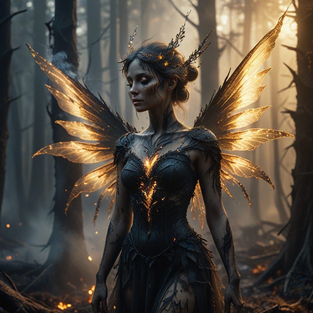 Smoke and Ash Fairy in Charred Forest