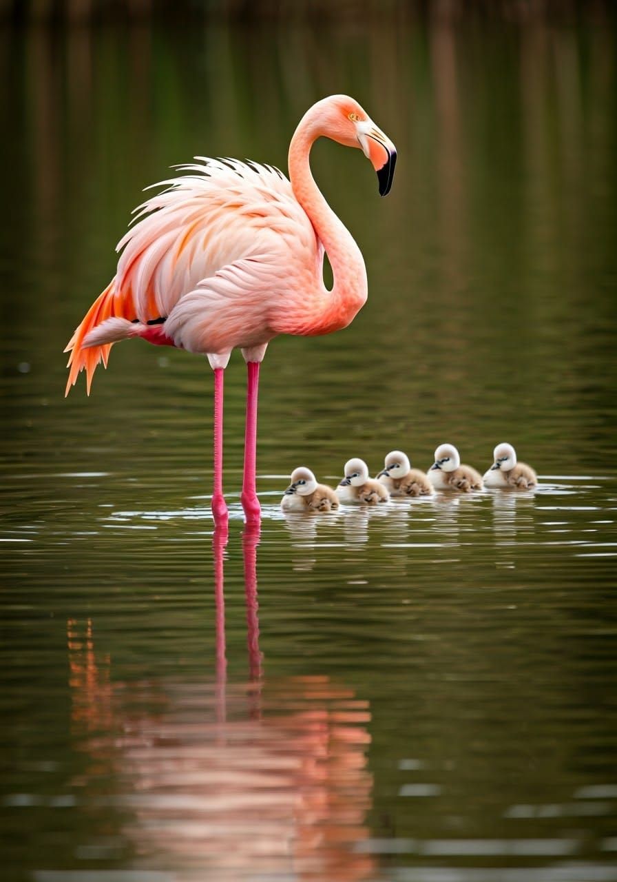 Pink Flamingo Guarding Ducklings in Shallow Water