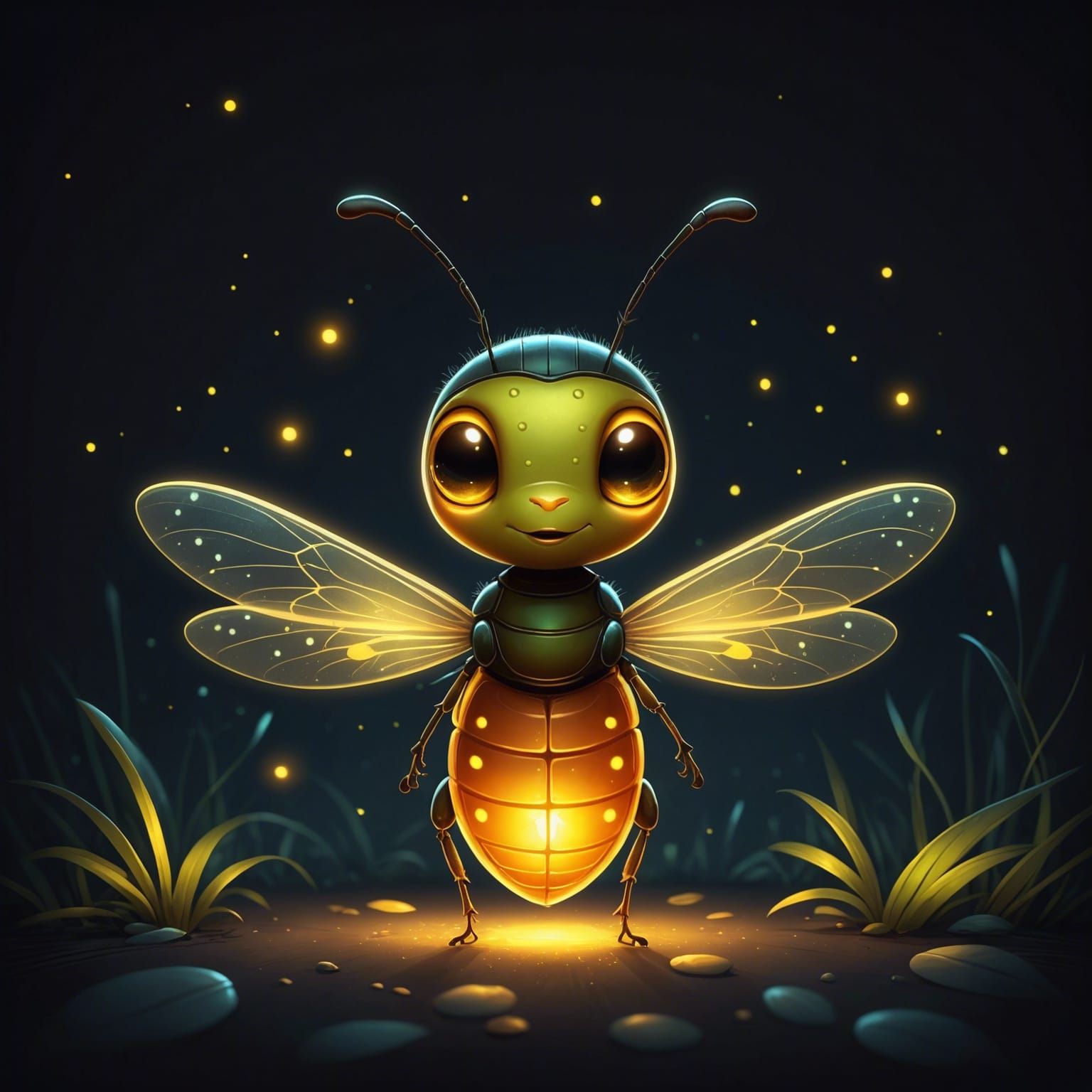 Glowing Firefly Cartoon in Dark Environment