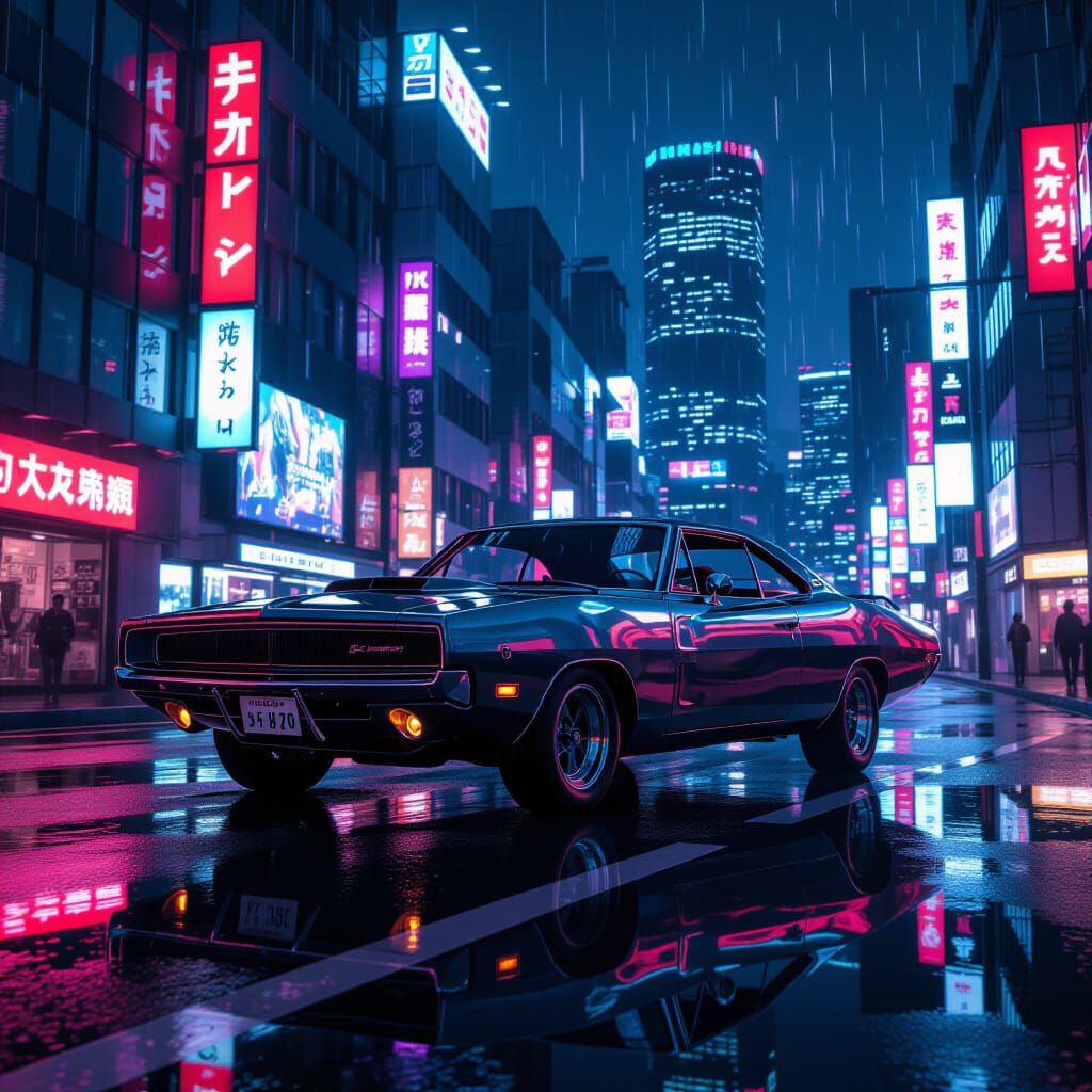 Cyberpunk Tokyo: 1969 Dodge Charger on Neon Street