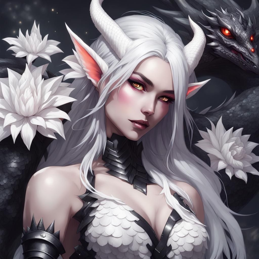 Dragon Girl in Dragon Armor with Fantasy Flower