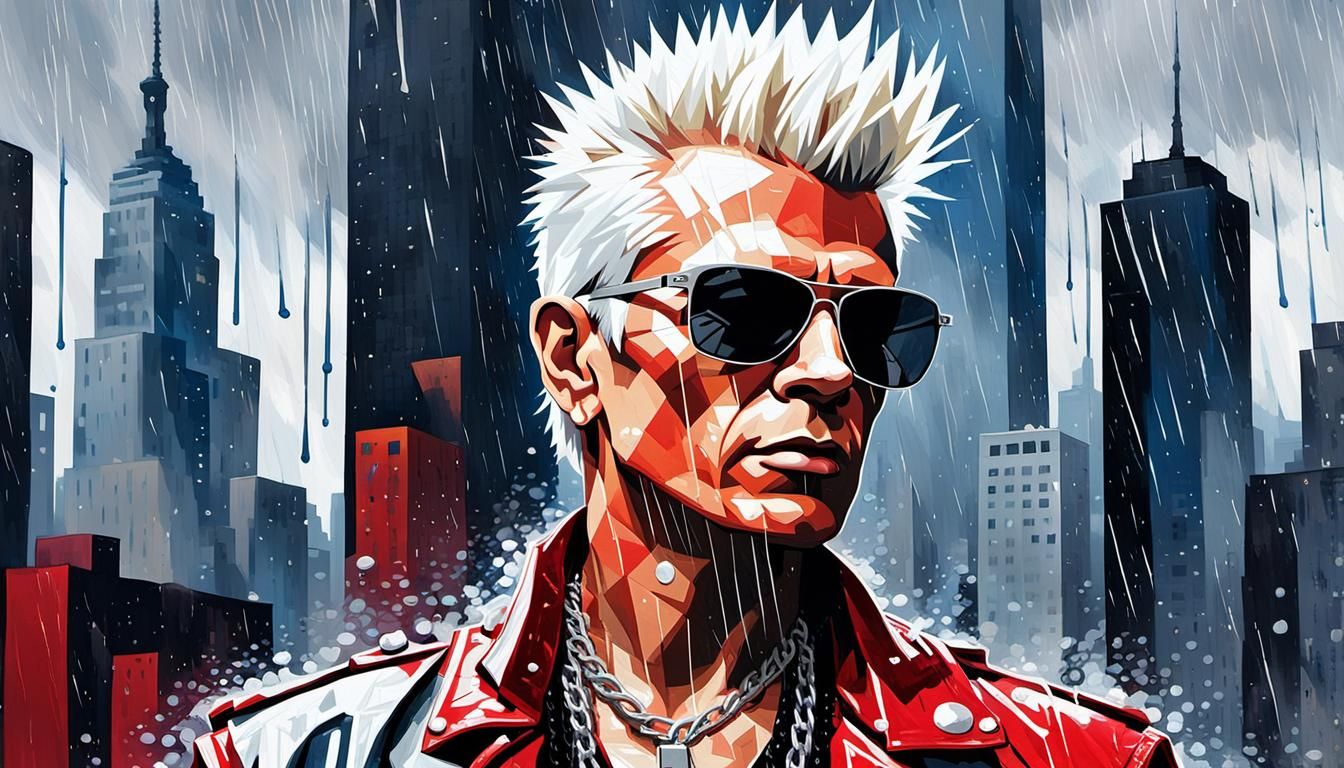 Pop Art Portrait of Musician in Rainy Cityscape