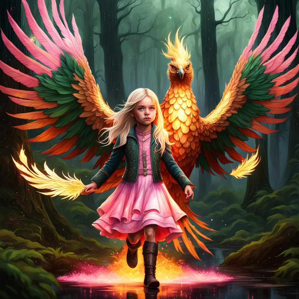 Child and Phoenix in Magical Forest: 3D Fantasy