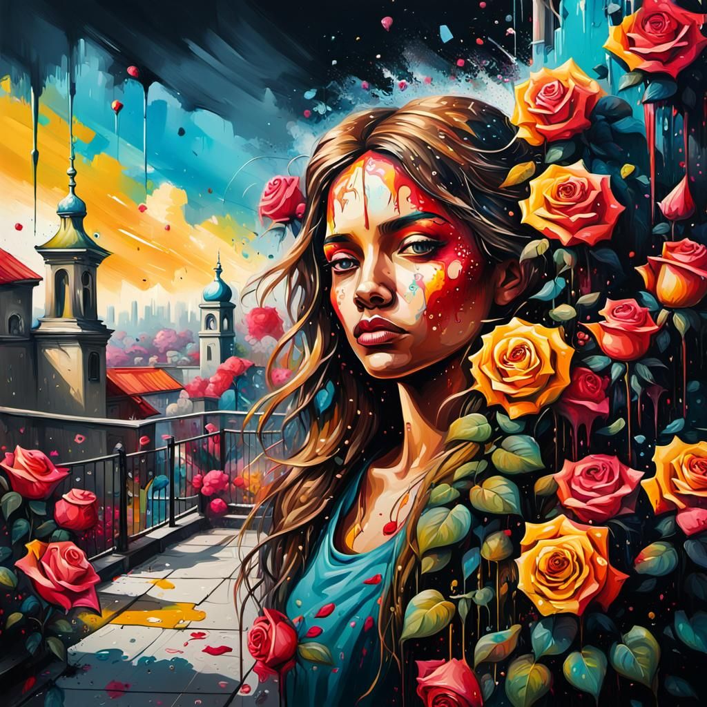 Vibrant Street Art Portrait with Roses
