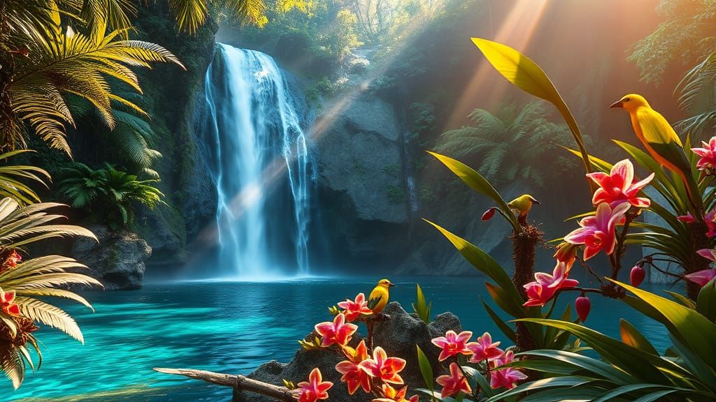 Prehistoric Jungle Waterfall with Golden Light