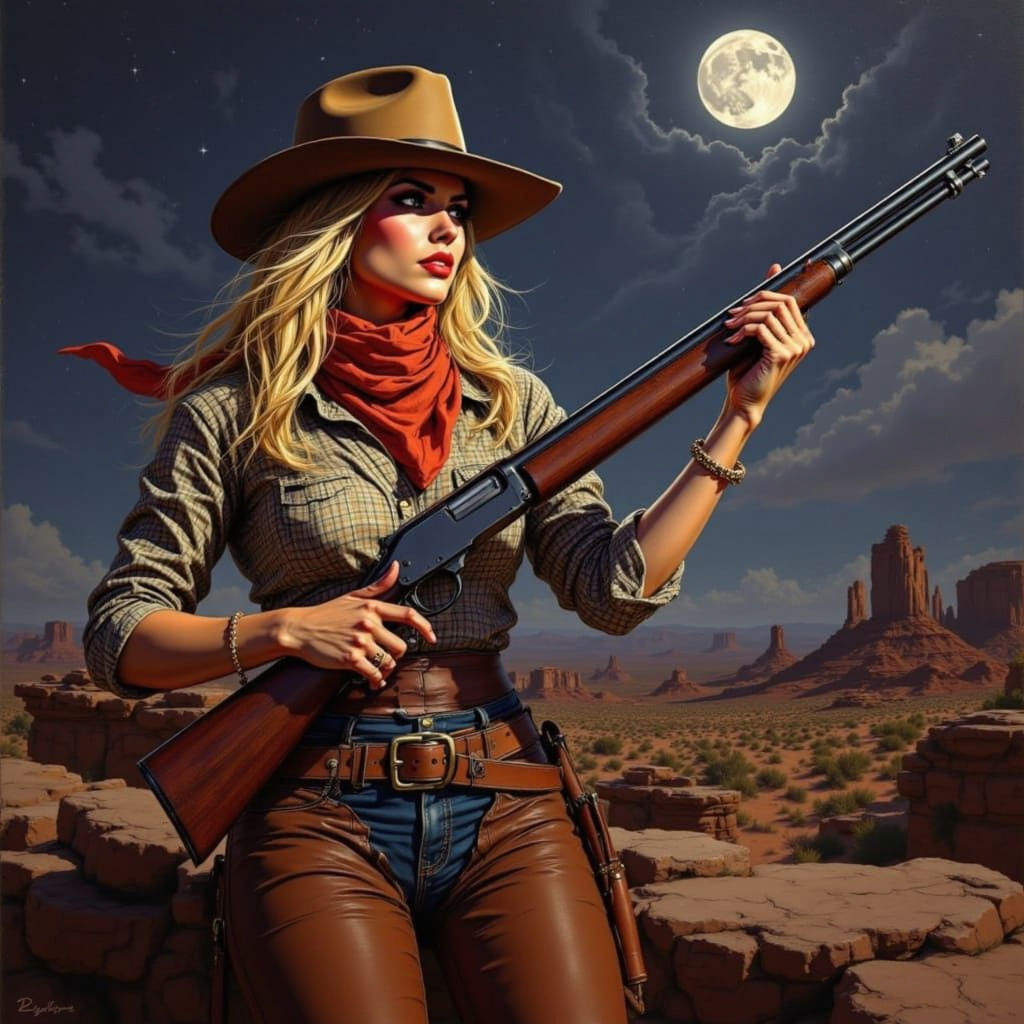 Noir Western: Woman with Rifle in Moonlight