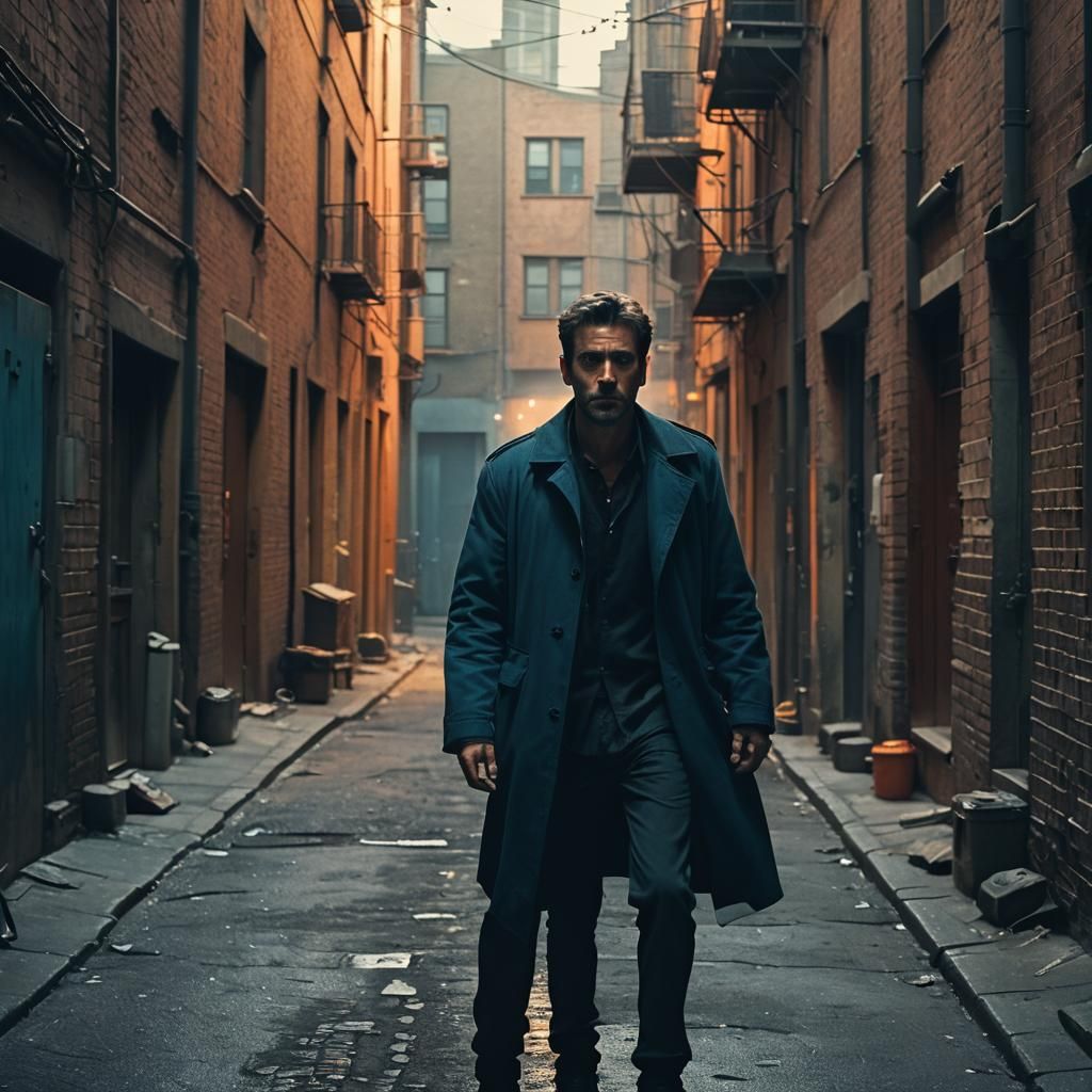 Determined Man Rises in Gritty Urban Alleyway