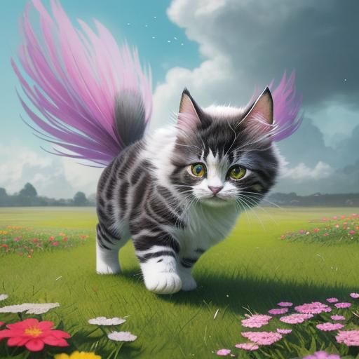 Cute Fluffy Kitty Hovering Over Flowers