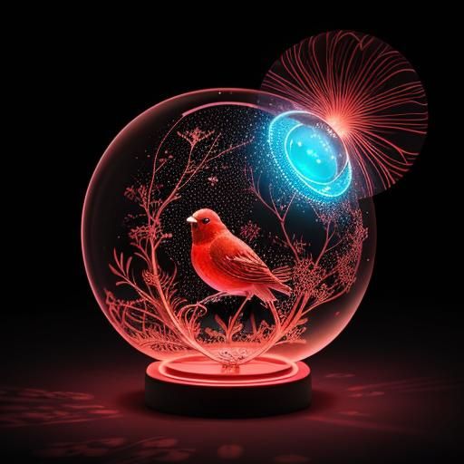 Luminous Red Bird in Bioluminescent Sphere
