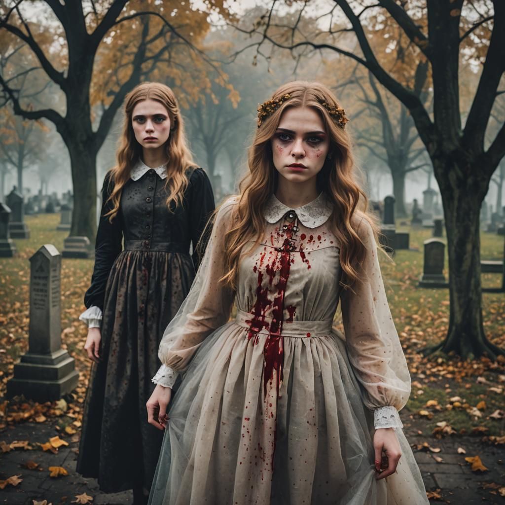 two young teenage girls chestnutblonde hair with bleeding eyes in a dress on the cemetery by the asylum at foggy autumn ...