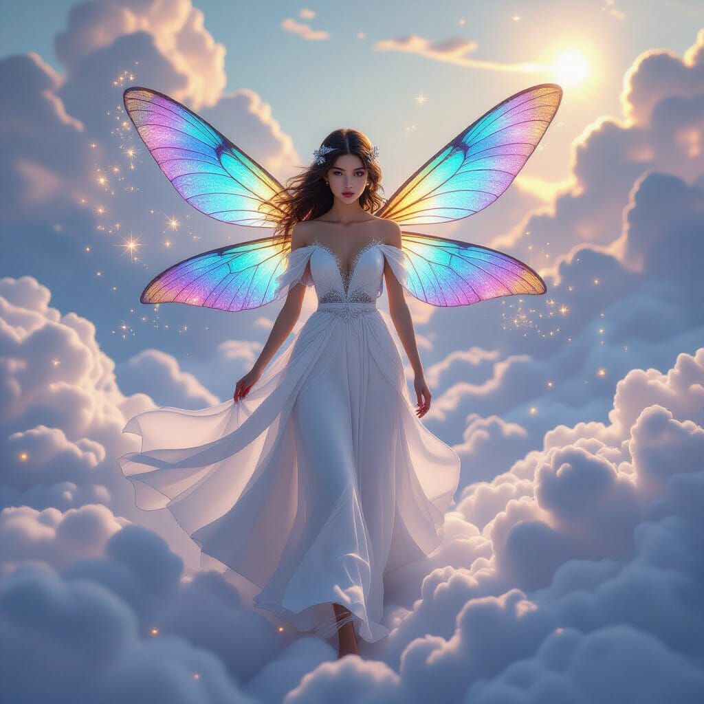 Angelic Girl with Dragonfly Wings Amidst Clouds