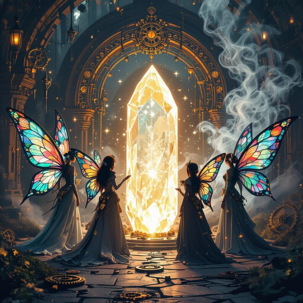 Fairies with Clockwork Wings in Surreal Time-Traveling Scene