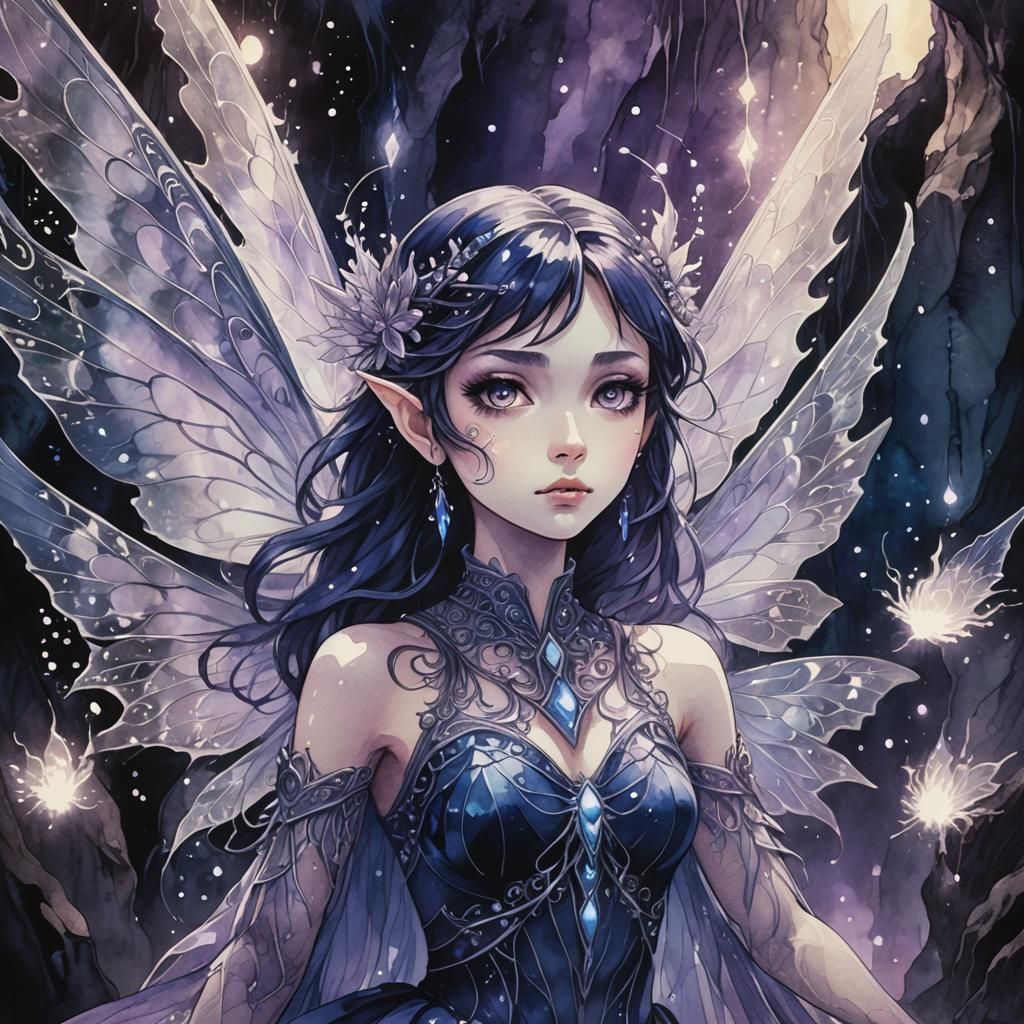 Eerie Fairy in Misty Cave, Dark Fantasy Anime Style