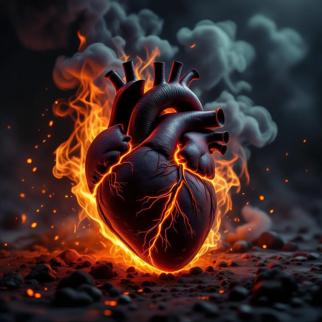 Fiery Dirt-Textured Heart in Swirling Flames