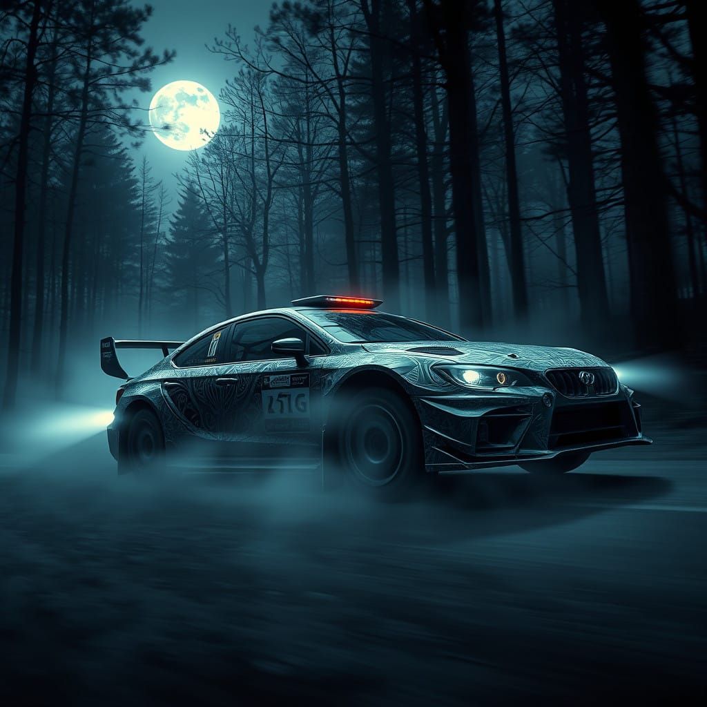 Rally car wrapped in "this leaden pall" artwork