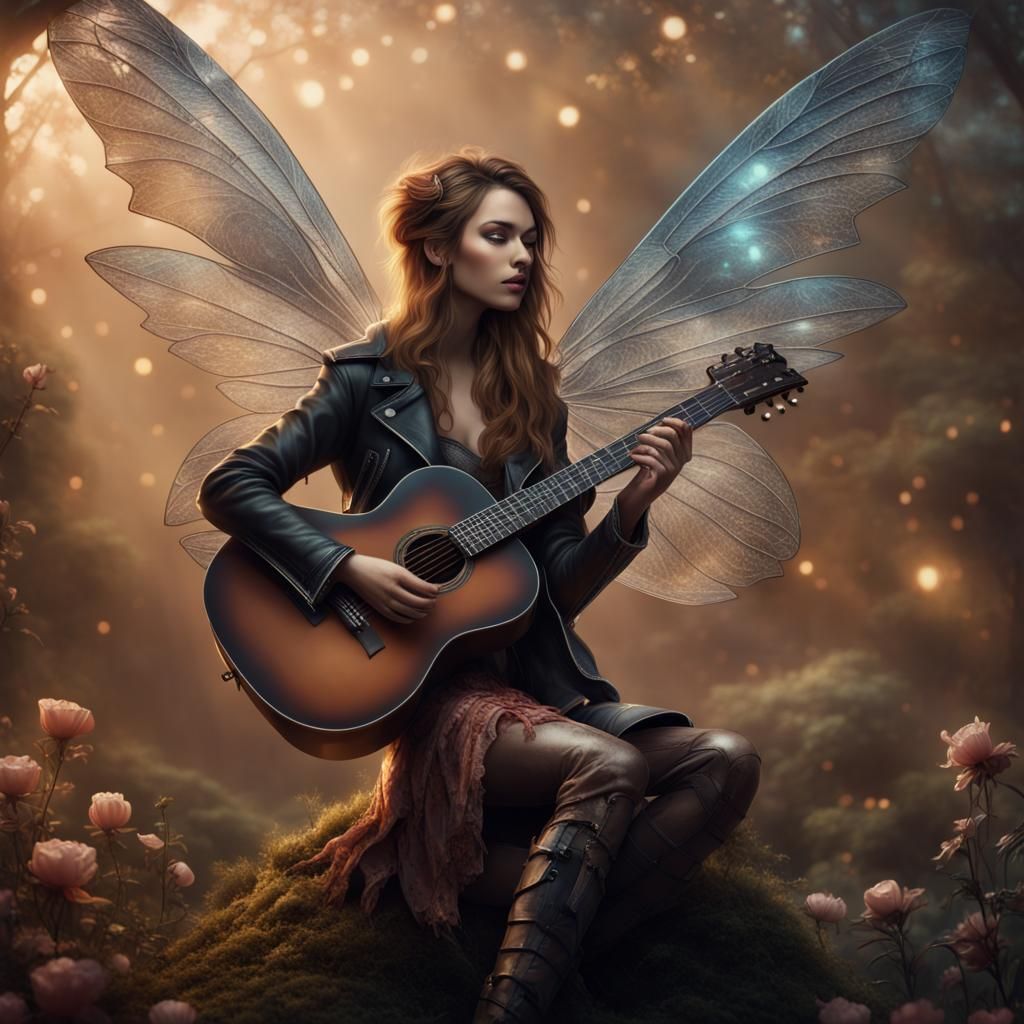 Fairy in Leather Jacket Plays Guitar