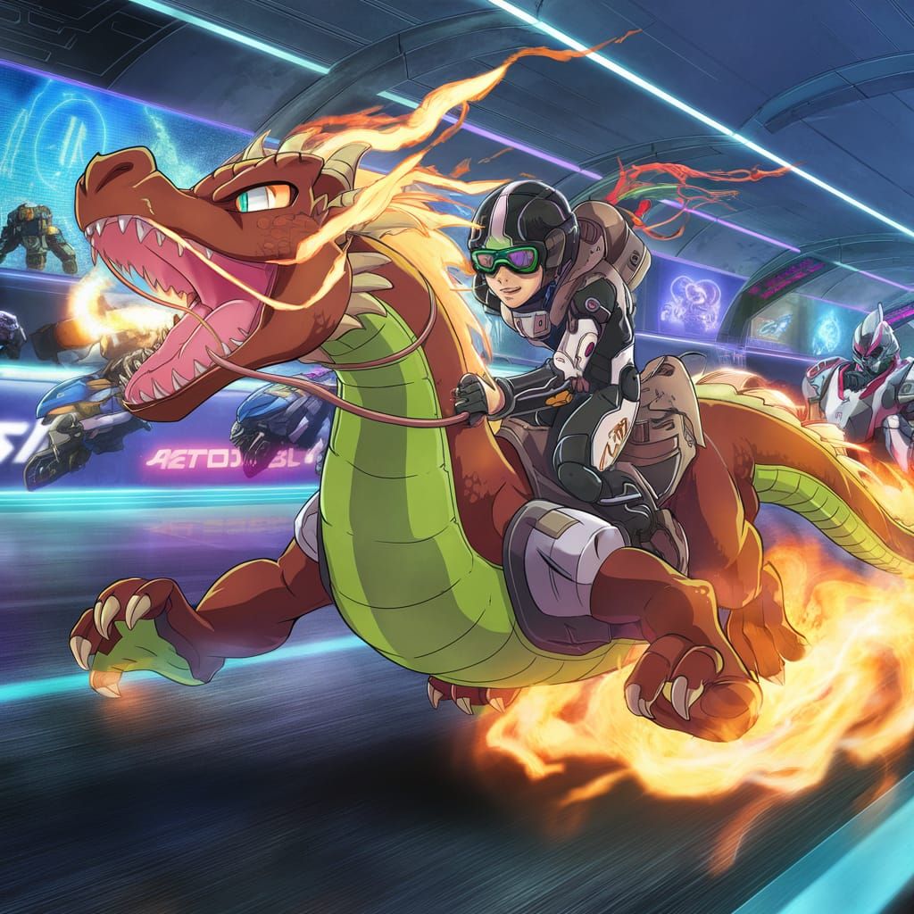 Dragon Races in Cyberpunk Anime Scene