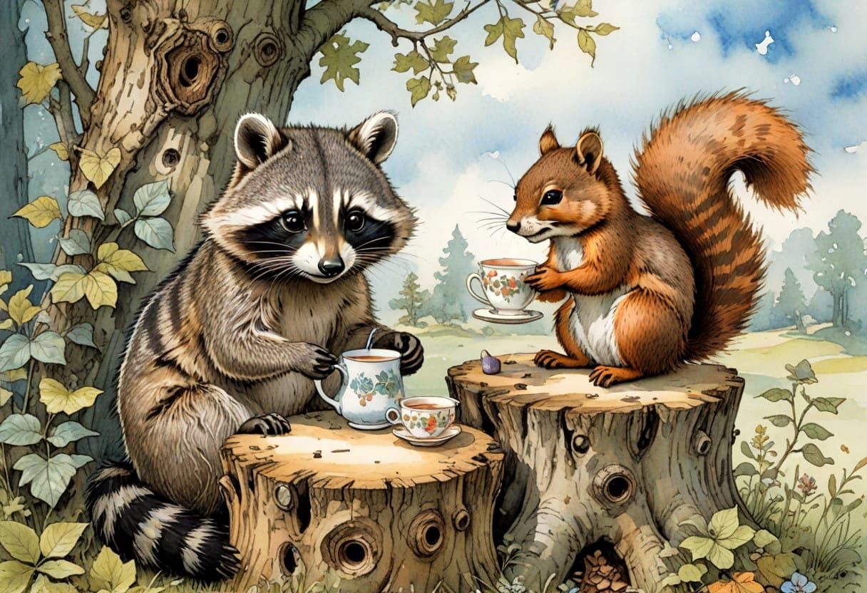 Raccoon and Squirrel sharing tea