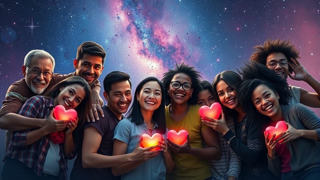 Joyful Global Citizens Embrace One Another in Cosmic Harmony