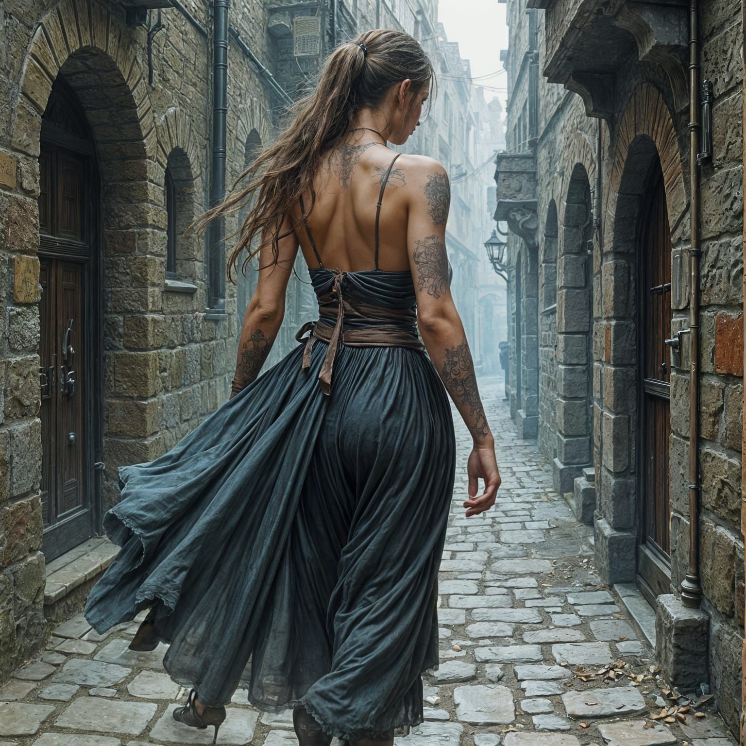 Medieval Thief in Dark Alleys, Pastel Illustration