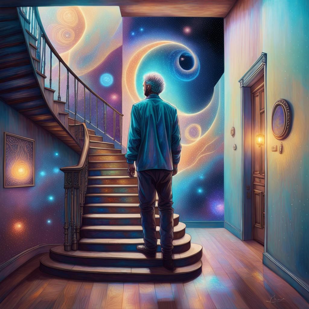 Invisible Man on Staircase: Holographic Astral Illustration