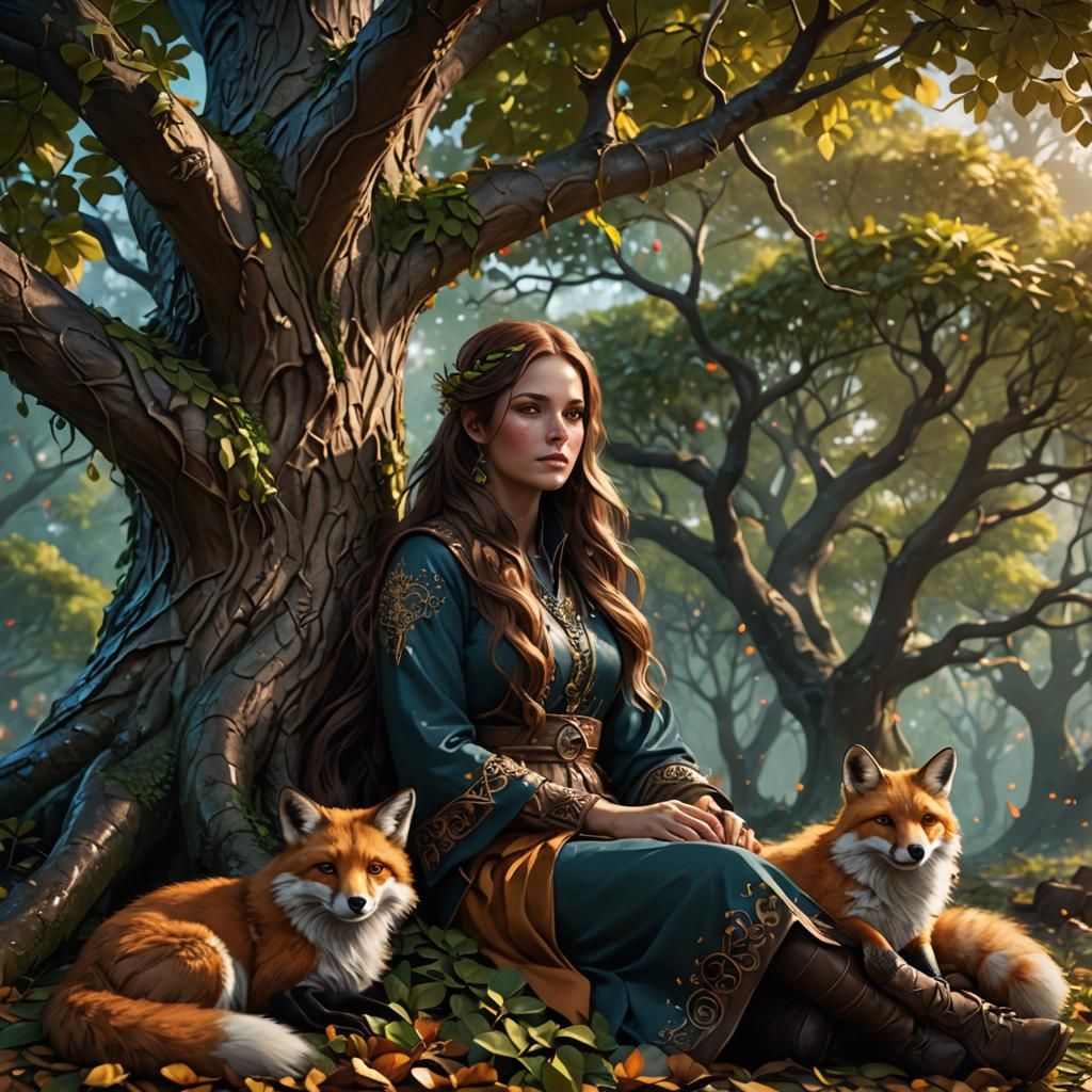 Peaceful Woman and Fox Kit by Magical Tree