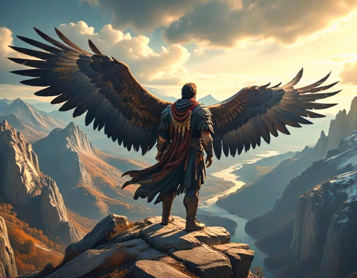 Man with Eagle Wings on Mountain as Watercolor