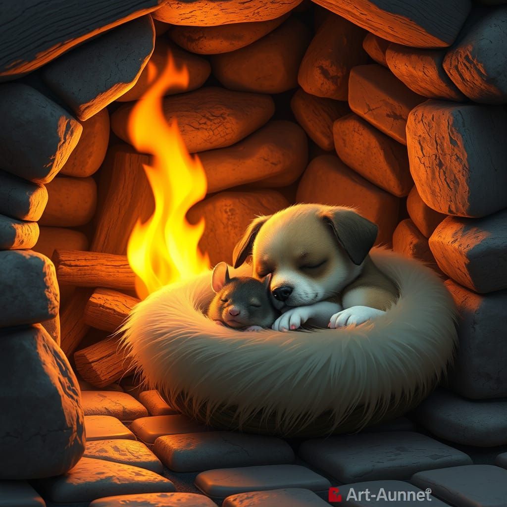Surreal Whimsy: Dog and Mouse Slumber Peacefully by the Fire