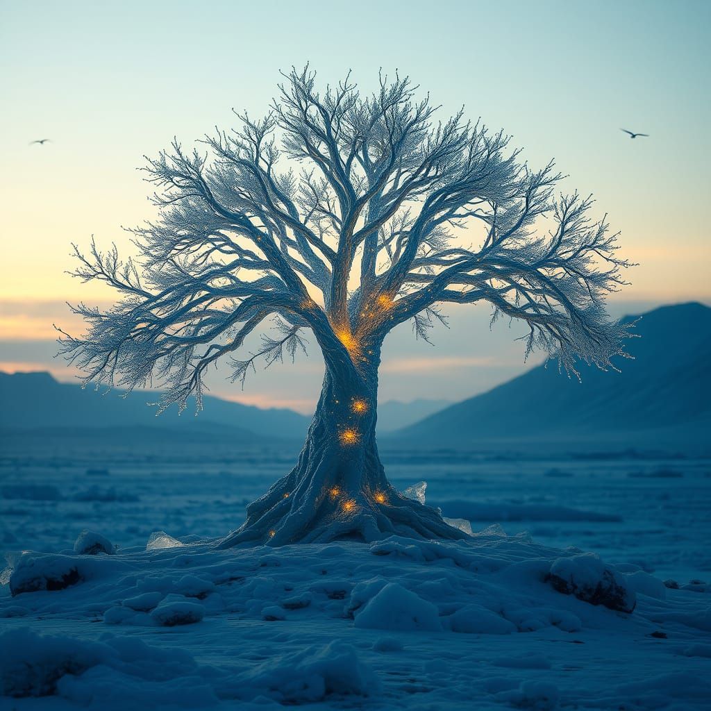 Crystal Tree Illuminated on Icy Mountain Peak at Night