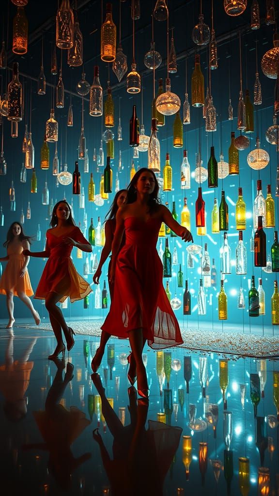 Girls Dance in a Room Filled with Glass Bottles in a Futuris...