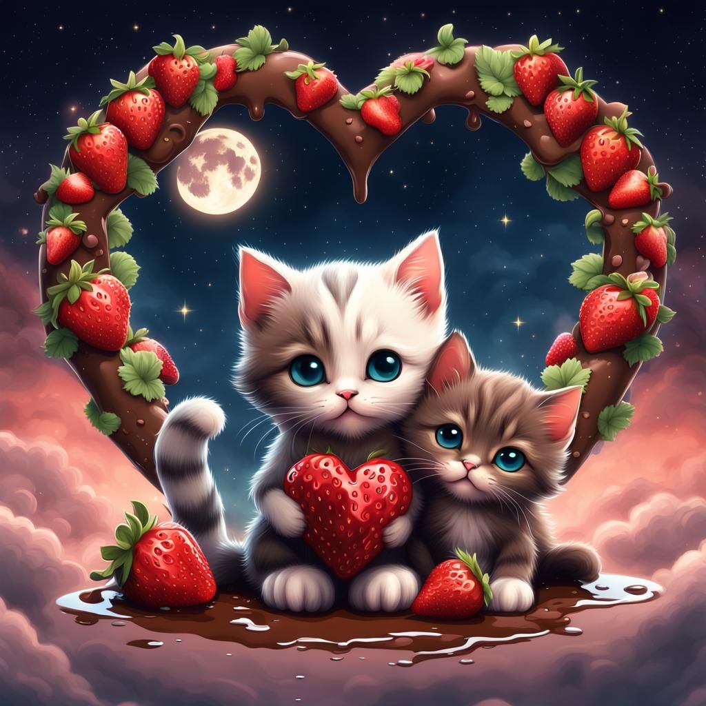 Chocolate Strawberry Kittens Under Heart Moon