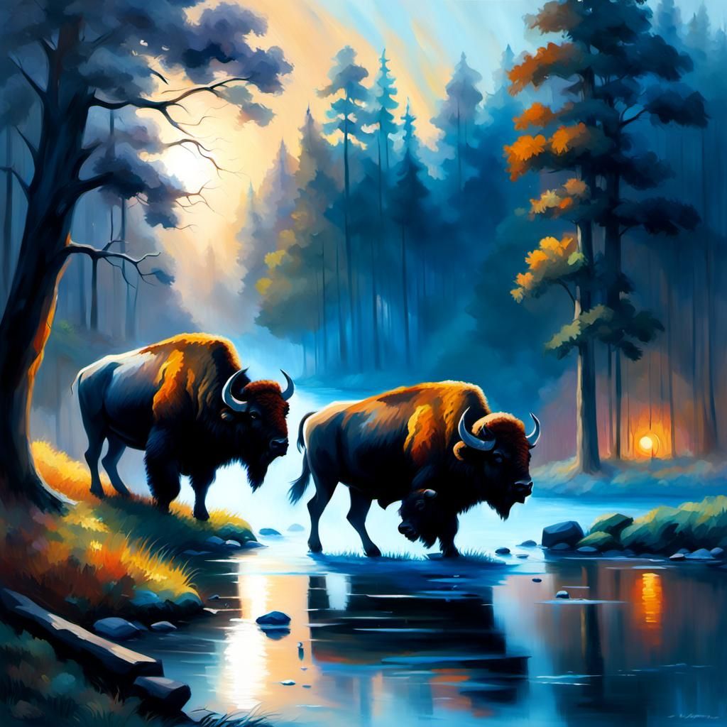 Bison Fight at Dusk in Impressionist Oil Painting