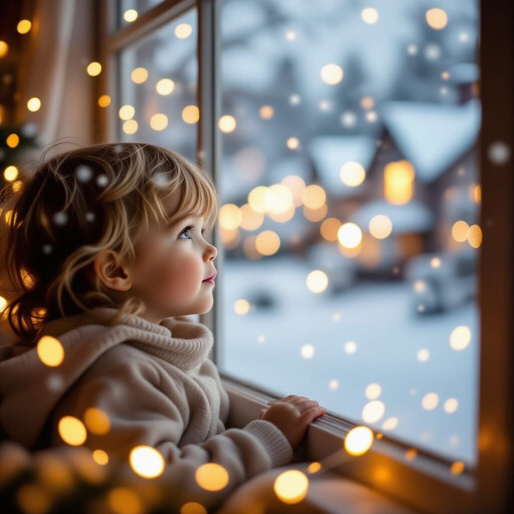 Child Gazes at Snowy Town Through Christmas Window