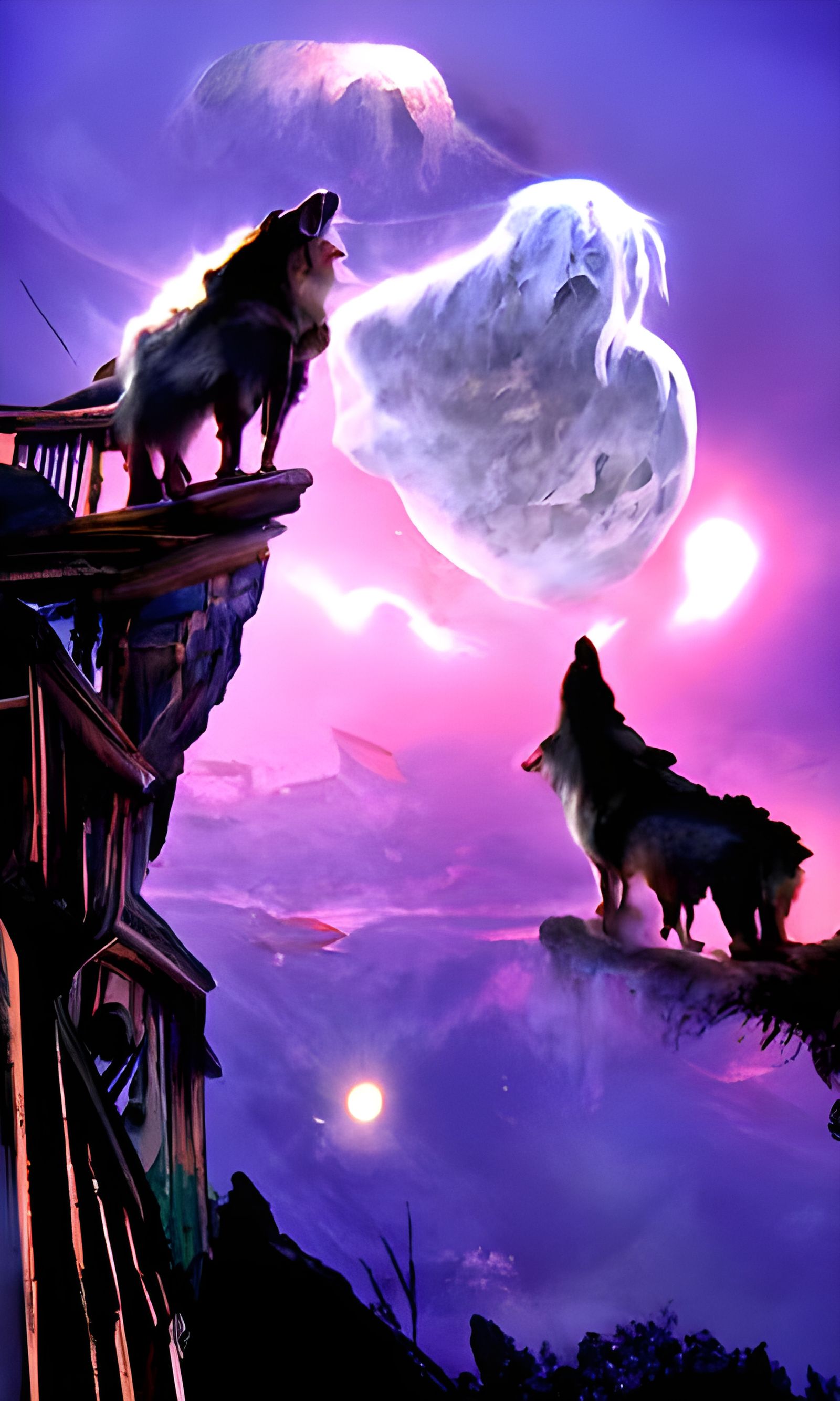 Wolf and Dog Howling at Moon in Ethereal Matte Painting