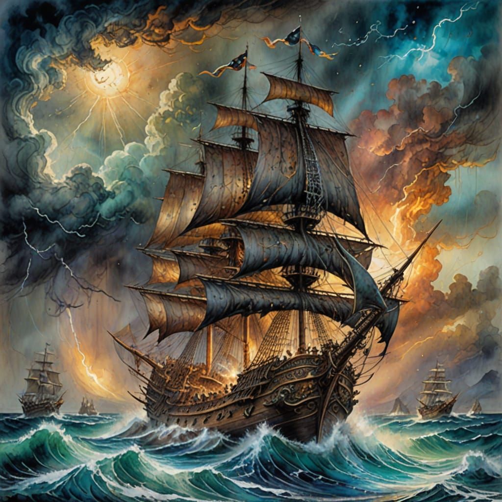 Pirate Ship Confronts Stormy Seas in Watercolour Style