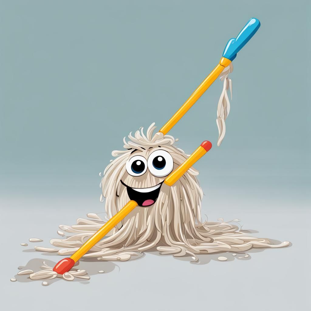 Happy Mop Cartoon Cleaning the Floor