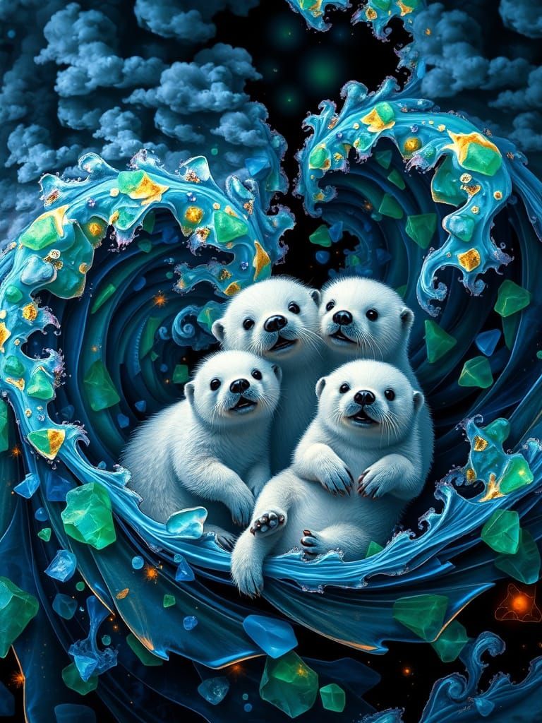 Neon Fractal Quilt with Sea Otters