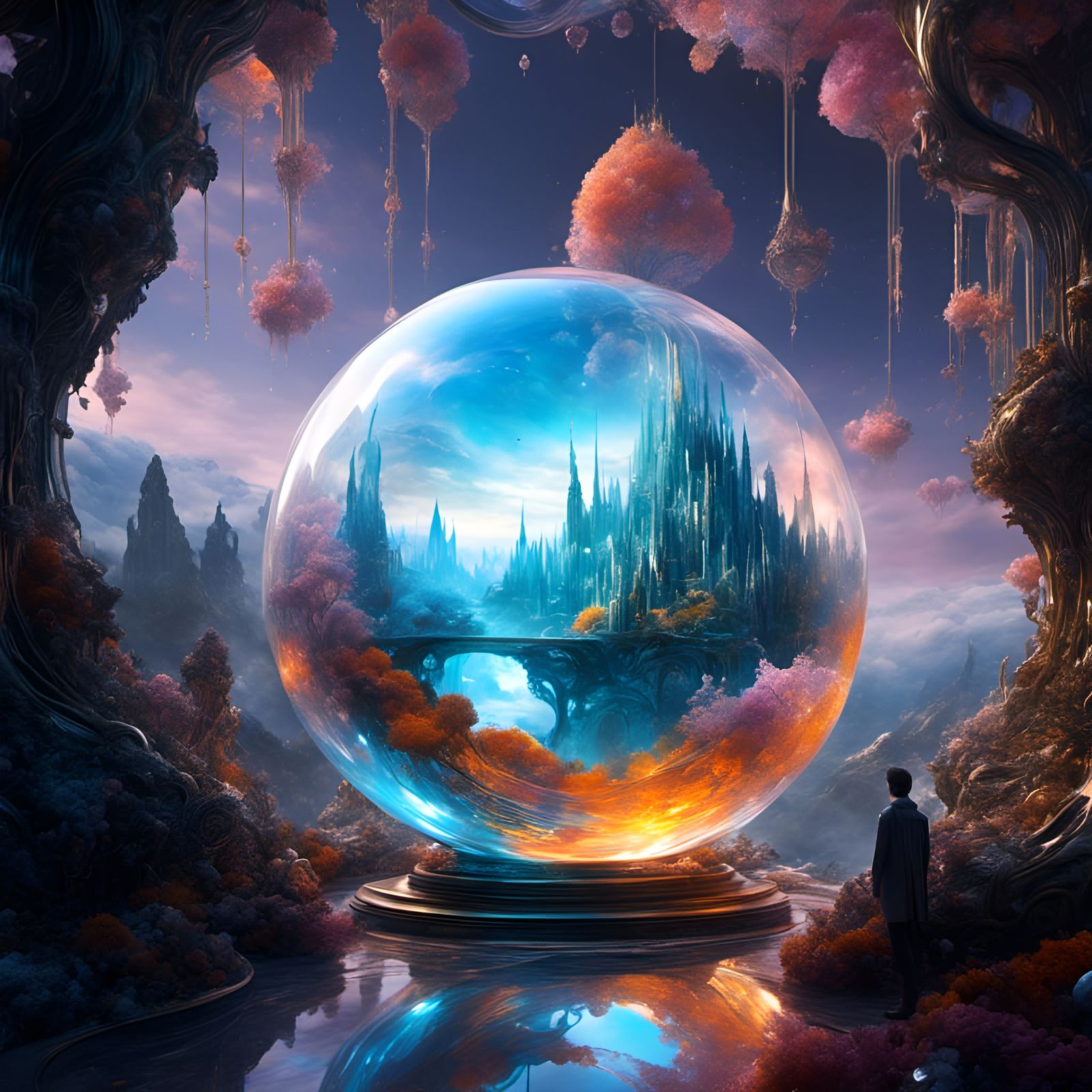 Fantasy Landscape Inside Transparent Sphere, Digital Art