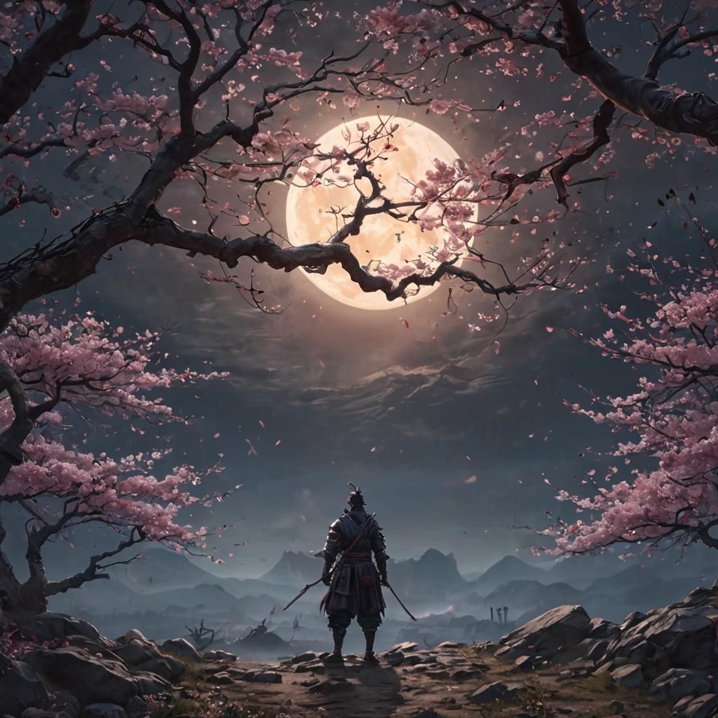 Samurai on Desolate Battlefield in Dark Fantasy Painting