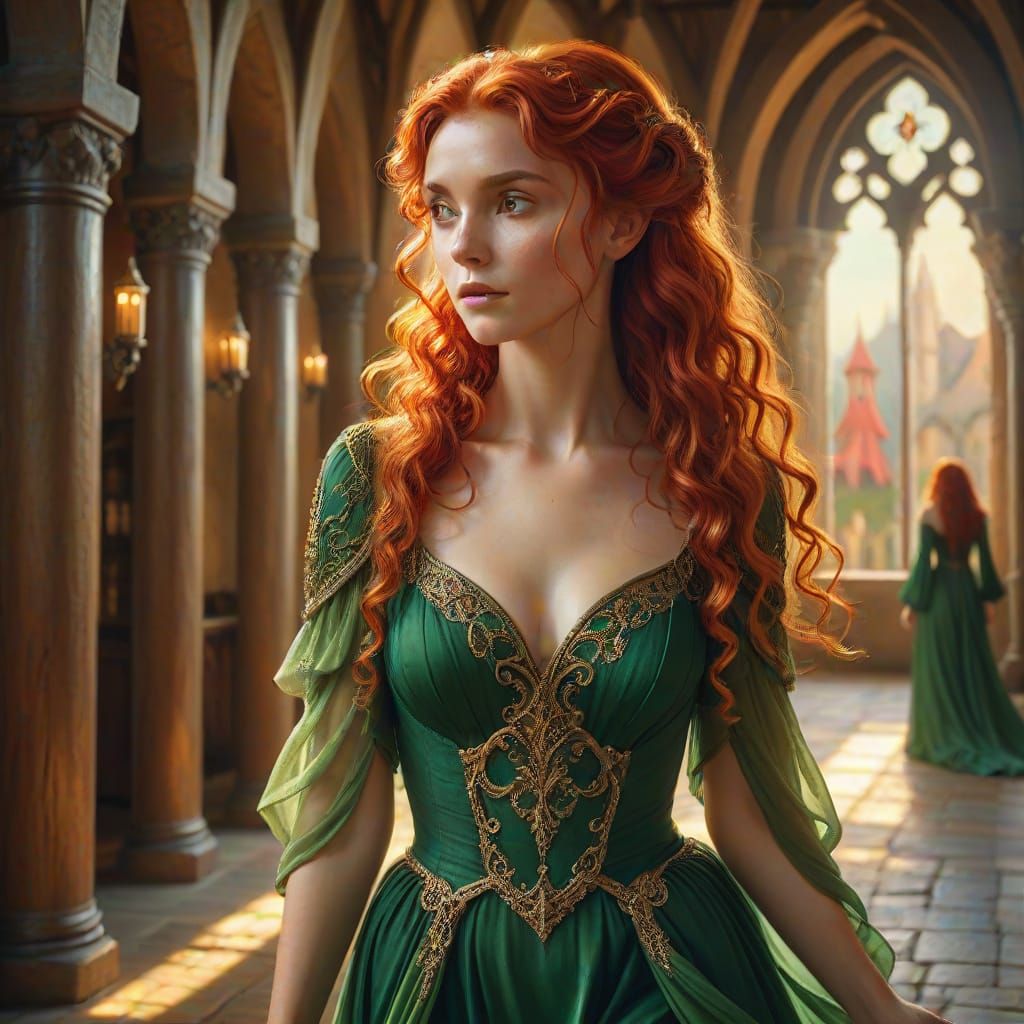 Elegant Elf Maiden Enters Majestic Medieval Hall