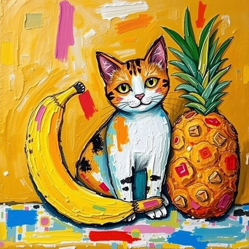 Vibrant Impasto Cat with Tropical Fruits