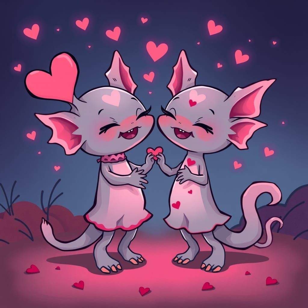 Romantic Axolotl Couple Dancing in a Whimsical Goth Cartoon