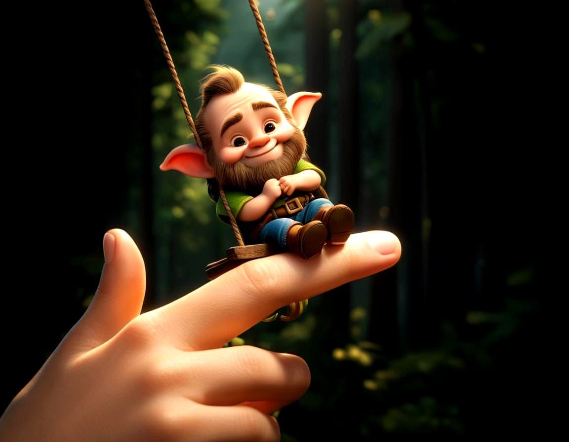 Image: Der Finger schwingt, der Zwerg hält fest, Er lacht un...