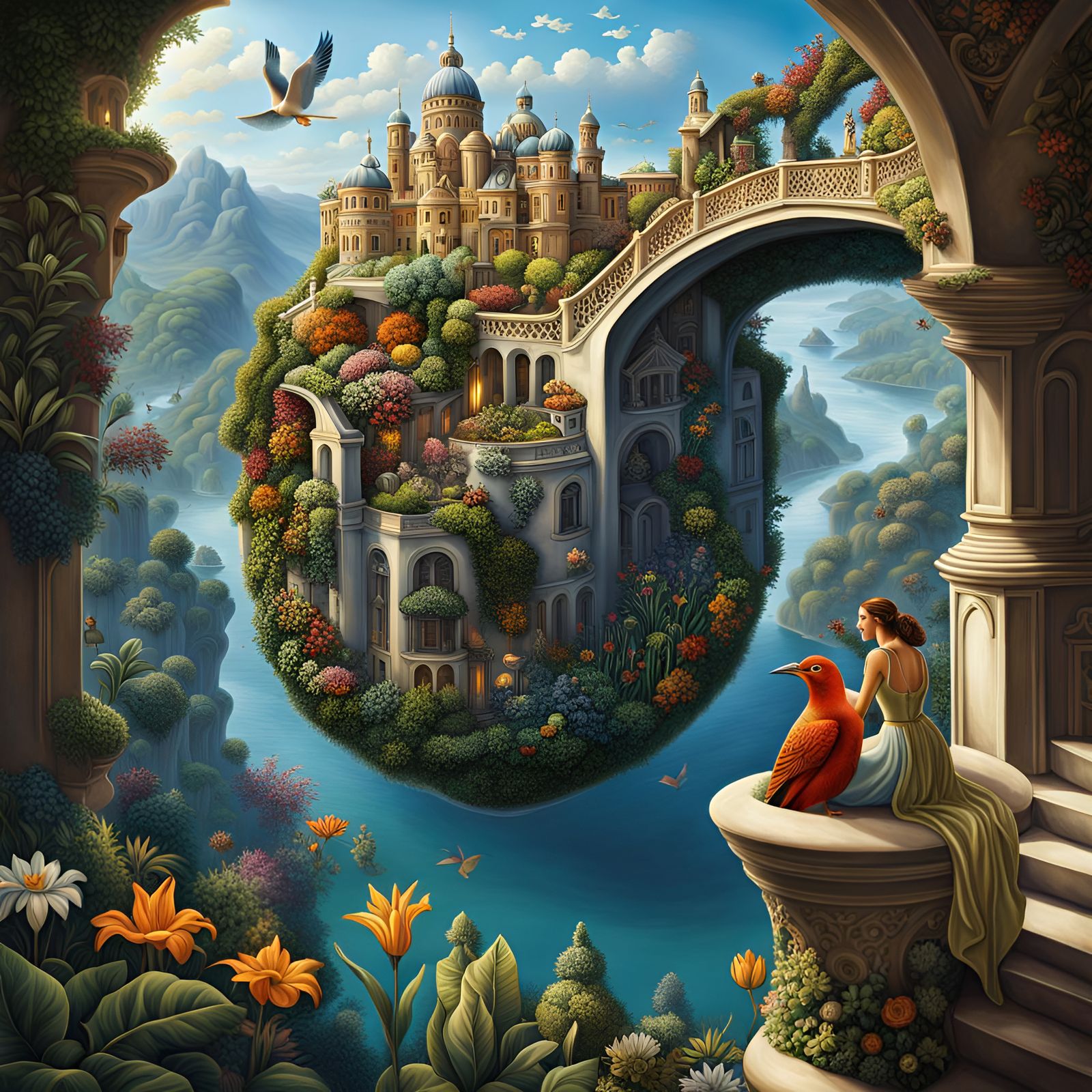 Happy Woman with Bird Attendants in Ornate Style